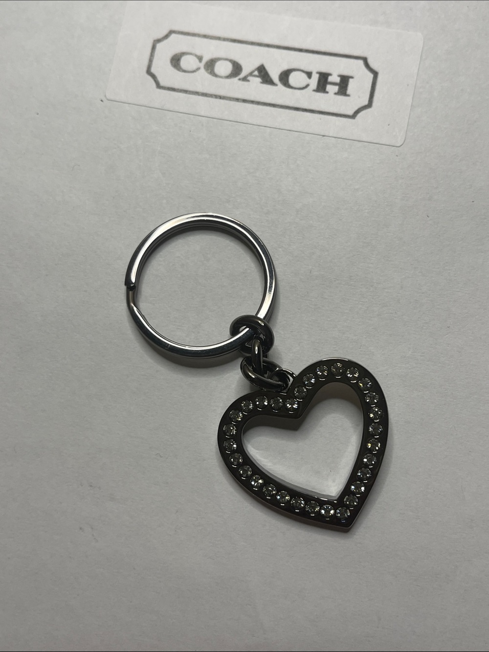 Coach Gunmetal Heart Keychain with Crystal Accents